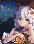  1girl bare_shoulders blurry blurry_background breasts closed_mouth commentary_request eyebrows_visible_through_hair flower hair_between_eyes hair_flower hair_ornament highres honkai_(series) honkai_impact_3rd katsuki_natsu long_hair looking_at_viewer medium_breasts sidelocks silver_hair smile solo theresa_apocalypse 