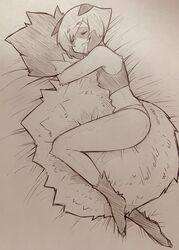  1girl animal_ears brand_new_animal closed_eyes drooling eyebrows_visible_through_hair fang full_body fur furry highres kagemori_michiru lying mitsuba-sama_(milkba-ng) monochrome on_side open_mouth raccoon_ears raccoon_girl raccoon_tail short_hair sketch sleeping smile solo tail very_long_tail 