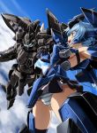  1girl armpits ass_visible_through_thighs black_legwear blue_eyes blue_hair blue_sky clouds commentary_request flying frame_arms frame_arms_girl glowing headgear highres holding_hands interlocked_fingers kumichou_(ef65-1118-ef81-95) long_hair mecha mecha_musume microskirt open_mouth outstretched_arms panties skindentation skirt sky spread_arms striped striped_panties stylet stylet_(frame_arms) thigh-highs thighs underwear 