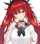  1girl absurdres azur_lane bangs black_bow black_choker black_ribbon black_sailor_collar blush bow breasts brown_eyes choker collarbone eyebrows_visible_through_hair hair_between_eyes hair_ribbon hand_up head_tilt highres honolulu_(azur_lane) long_hair looking_at_viewer redhead ribbon sailor_collar sailor_shirt shirt short_sleeves simple_background small_breasts solo star_(symbol) star_choker twintails upper_body watts99 white_background white_shirt 