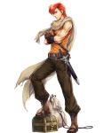  1boy bag belt boots crossed_arms dagger fingerless_gloves fire_emblem fire_emblem:_mystery_of_the_emblem fire_emblem_heroes full_body gloves highres julian_(fire_emblem) official_art red_eyes redhead scarf solo transparent_background treasure_chest weapon yamada_koutarou 