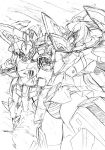  1girl armpits ass_visible_through_thighs clouds commentary_request flying frame_arms frame_arms_girl greyscale headgear highres holding_hands interlocked_fingers kumichou_(ef65-1118-ef81-95) long_hair mecha mecha_musume microskirt monochrome open_mouth outstretched_arms panties sketch skindentation skirt spread_arms striped striped_panties stylet stylet_(frame_arms) thigh-highs thighs traditional_media underwear 