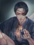  1boy arm_on_knee bare_chest black_eyepatch black_hair blue_shirt cheekbones chest chest_tattoo cigarette closed_eyes closed_mouth collarbone collared_shirt commentary eyepatch facial_hair fire flame forehead goatee highres holding holding_cigarette holding_lighter jewelry jujuju lighter majima_gorou male_focus messy_hair mouth_hold mustache necklace open_clothes parted_hair pectorals ryuu_ga_gotoku shirt sitting smoking solo tattoo 