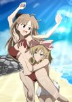  2girls absurdres ahoge beach blonde_hair bow breast_grab breasts brown_eyes brown_hair cacao193 closed_mouth double_bun earrings grabbing grabbing_from_behind green_eyes hair_bun hair_tubes happy_birthday haruka_(senran_kagura) highres jewelry large_breasts long_hair multiple_girls ocean open_mouth pink_bow renka_(senran_kagura) senran_kagura senran_kagura_estival_versus sky smile sunlight swimsuit trait_connection 