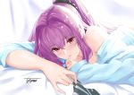  1girl bangs bare_shoulders blue_shirt blush breasts fate/grand_order fate_(series) hair_intakes large_breasts long_hair long_sleeves looking_at_viewer lying on_stomach parted_lips ponytail purple_hair red_eyes scathach_(fate)_(all) scathach_(fate/grand_order) scathach_skadi_(fate/grand_order) shirt smile toyoman 