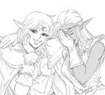  2girls bb_(baalbuddy) breastplate cape circlet commentary dark_elf deedlit elf english_commentary greyscale hand_on_own_face highres laughing laughing_girls_(meme) long_hair looking_at_viewer meme monochrome multiple_girls pirotess pointy_ears record_of_lodoss_war shoulder_armor simple_background smile spaulders white_background 