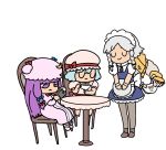  :3 afei_(sfma3248) bib black_neckwear blue_bow blue_hair blue_ribbon blue_skirt bow braid chair character_name chibi chinese_commentary closed_eyes commentary_request crescent crossover cup dress from_side hair_bow hair_ribbon hat highres holding holding_cup izayoi_sakuya jojo_no_kimyou_na_bouken long_hair looking_down maid maid_headdress mob_cap multiple_girls necktie patchouli_knowledge pink_dress pink_headwear puffy_short_sleeves puffy_sleeves purple_hair red_bow red_ribbon remilia_scarlet ribbon short_hair short_sleeves silver_hair simple_background sitting skirt smile table the_world touhou twin_braids violet_eyes white_background 