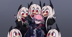  6+girls angry ar-15 bangs blonde_hair clone closed_mouth english_commentary fang girls_frontline gun hair_between_eyes haonfest_art headgear helltaker jacket looking_at_viewer m4_sopmod_ii_(girls_frontline) mask mask_around_neck mod3_(girls_frontline) multicolored_hair multiple_girls open_clothes open_jacket open_mouth parody pink_hair red_eyes rifle sidelocks smile st_ar-15_(girls_frontline) streaked_hair weapon 