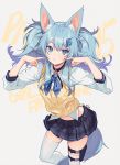  1girl animal_ears black_choker black_skirt blue_eyes blue_hair blue_neckwear bow bowtie choker collared_shirt fox_ears fox_girl fox_tail girls_frontline hair_ornament hands_up heart heart-shaped_pupils kemonomimi_mode leg_belt long_hair long_sleeves looking_at_viewer midriff miniskirt nagu pa-15_(girls_frontline) pleated_skirt pouty_lips school_uniform shirt skindentation skirt solo sweater_vest symbol-shaped_pupils tail thigh-highs twintails white_background white_legwear white_shirt zettai_ryouiki 