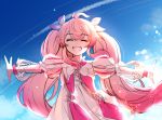  1girl ^_^ ahoge blue_ribbon blue_sky blush closed_eyes clouds commentary_request day dress elsword facing_viewer grin hair_ribbon highres laby_(elsword) long_hair long_sleeves outdoors outstretched_arms pink_hair puffy_long_sleeves puffy_sleeves ribbon see-through see-through_sleeves signature sky smile solo spread_arms twintails very_long_hair white_dress xes_(xes_5377) 