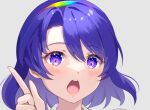  1girl 60mai blue_eyes blue_hair collar eyebrows_visible_through_hair looking_at_viewer multicolored_hairband open_mouth pointing pointing_up rainbow_gradient short_hair simple_background solo tenkyuu_chimata touhou white_background white_collar 