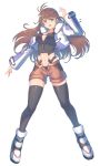  1girl :o black_shirt breasts brown_hair brown_shorts cat_with_a_brush cropped_jacket full_body fur_trim highres long_hair long_sleeves medium_breasts midriff navel shion_uzuki shirt shorts simple_background solo white_background xenosaga 