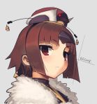  1girl :&lt; animal_on_head bangs bird bird_on_head boa_(brianoa) brown_hair character_request closed_mouth copyright_request eyebrows_visible_through_hair grey_background highres horns looking_at_viewer on_head parted_bangs portrait red_eyes short_hair simple_background single_horn solo 