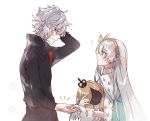  1boy 1girl ? anastasia_(fate/grand_order) black_jacket blue_eyes cape closed_mouth command_spell embarrassed eye_contact fate/grand_order fate_(series) flying_sweatdrops green_cape grey_hair hair_between_eyes height_difference holding holding_hands jacket kadoc_zemlupus long_hair looking_at_another simple_background viy waltz_(tram) white_background 