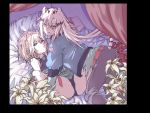  2girls 60606 animal_ears arknights bangs bed brown_hair flower gift indra_(arknights) jacket letter licking_lips lion_ears long_hair multicolored_hair multiple_girls pants rose scar shirt siege_(arknights) silver_hair spread_legs tail tiger_ears tongue tongue_out yellow_eyes yuri 