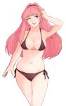  1girl absurdres bangs bikini breasts fire_emblem fire_emblem:_three_houses fire_emblem_heroes hair_down highres hilda_valentine_goneril long_hair one_eye_closed open_mouth pink_eyes pink_hair side-tie_bikini simple_background smile solo swimsuit tridisart white_background 