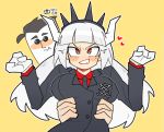  1boy 1girl :t anger_vein angry arms_around_waist black_hair black_suit blush clenched_teeth demon_girl demon_horns embarrassed fang formal gloves hands_up heart heart_in_mouth helltaker helltaker_(character) horns hug hug_from_behind lucifer_(helltaker) malmijal_hyang mole mole_under_eye open_mouth outline red_eyes red_shirt shirt short_hair signature simple_background skin_fang steam sunglasses teeth white_gloves white_hair white_horns white_outline yellow_background 