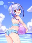  1girl ahoge antenna_hair ass azure_striker_gunvolt ball beachball bikini blue_bikini blush cougar1404 joule_(gunvolt) lavender_hair multicolored_hair open_mouth pink_eyes purple_hair smile solo swimsuit water wet 