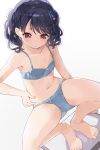  bare_arms bare_legs bare_shoulders barefoot belly_grab black_hair blue_bra blue_panties bow bow_bra bow_panties bra commentary_request dutch_angle flat_chest flower fukumaru_koito hair_flower hair_ornament highres hiroki_(yyqw7151) idolmaster idolmaster_shiny_colors navel panties squatting twintails underwear underwear_only violet_eyes weighing_scale weight_conscious white_background 
