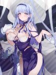  1girl azur_lane blush breasts criss-cross_halter dido_(anxious_bisque_doll)_(azur_lane) dido_(azur_lane) dress dress_straps eyebrows_visible_through_hair hairband halter_dress halterneck hand_on_own_chest highres large_breasts large_wings long_dress long_hair multiple_hands nakano_yae purple_dress purple_hairband purple_headband solo violet_eyes white_hair 