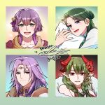 2boys 2girls ahoge armor bangs bare_shoulders bernadetta_von_varley blue_eyes blunt_bangs blush braid character_request choker circlet closed_mouth collarbone commentary_request copyright_request drawingddoom dress earrings eyebrows_visible_through_hair eyes_visible_through_hair fire_emblem fire_emblem:_three_houses fish flower green_hair grey_eyes hair_between_eyes hair_bun hair_flower hair_ornament heart horns jewelry linhardt_von_hevring long_hair looking_at_viewer lyon_(fire_emblem) medium_hair multiple_boys multiple_girls necklace open_mouth pillow pointy_ears portrait purple_hair red_eyes smile teeth tongue translation_request violet_eyes watermark