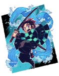  1boy black_pants bright_pupils checkered earrings fighting_stance haori highres holding holding_sword holding_weapon japanese_clothes jewelry kamado_tanjirou kimetsu_no_yaiba looking_at_viewer male_focus open_mouth pants rariatto_(ganguri) red_eyes redhead solo sword twitter_username two-handed waves weapon white_pupils 