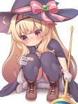  1girl bandaid bandaid_on_clothes bandaid_on_knee blonde_hair bloomers boots bow cape hairband hat hat_bow kupuru_(hirumamiyuu) little_witch_nobeta long_hair nobeta red_eyes squatting staff tears underwear very_long_hair witch witch_hat 