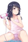  1girl animal_print bangs bare_arms bare_shoulders black_hair bunny_print cable commentary_request crotch drying drying_hair fukumaru_koito hair_dryer highres hiroki_(yyqw7151) holding_hair_dryer idolmaster idolmaster_shiny_colors long_hair looking_at_viewer panties pink_camisole pink_panties print_panties solo spaghetti_strap spread_legs underwear violet_eyes 