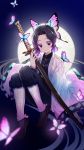  1girl bangs black_hair breasts bug butterfly butterfly_hair_ornament commentary_request full_moon gradient_hair hair_ornament haori highres holding holding_sheath insect japanese_clothes katana kimetsu_no_yaiba knees_up kochou_shinobu long_sleeves looking_at_viewer moon multicolored_hair night outdoors parted_bangs purple_hair sheath sheathed short_hair smile solo sword two-tone_hair violet_eyes weapon white_butterfly xiaoni_xianggou 