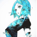 1other absurdres aqua_eyes aqua_hair bangs black_shirt collar highres houseki_no_kuni mushiki_k open_mouth parted_bangs phosphophyllite shirt short_hair simple_background white_background white_collar