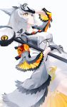  1girl absurdres arknights armband dress feather_trim gloves goggles goggles_around_neck highres holding holding_staff hoojiro orange_eyes ptilopsis_(arknights) shading_eyes silver_hair staff white_background white_dress 