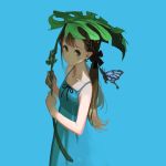  1girl bare_arms bare_shoulders black_ribbon blue_background blue_dress bow braid brown_hair bug butterfly closed_mouth commentary dress english_commentary frog hair_bow holding holding_leaf insect leaf long_hair looking_at_viewer original ribbon simple_background smile solo sundress twintails vofan 