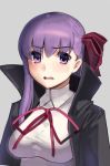  1girl bb_(fate)_(all) bb_(fate/extra_ccc) black_coat blush boa_(brianoa) coat d: eyebrows_visible_through_hair fate/extra fate/extra_ccc fate_(series) grey_background hair_ribbon highres looking_at_viewer neck_ribbon open_clothes open_coat open_mouth parted_lips popped_collar purple_hair red_neckwear red_ribbon ribbon shirt simple_background solo upper_body violet_eyes white_shirt wing_collar 