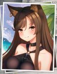  1girl animal_ear_fluff animal_ears arknights bangs bare_shoulders black_choker black_swimsuit breasts brown_eyes brown_hair cat_ears choker commentary earrings eyebrows_visible_through_hair hair_between_eyes highres jewelry kaleid large_breasts long_hair looking_at_viewer o-ring o-ring_swimsuit photo_(object) revision skyfire_(arknights) solo swimsuit upper_body 