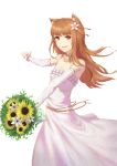  1girl :d absurdres animal_ear_fluff animal_ears bangs bouquet breasts brown_eyes brown_hair choker collarbone detached_sleeves dress eyebrows_visible_through_hair floating_hair flower hair_flower hair_ornament highres holding holding_bouquet holo long_dress long_hair long_sleeves looking_at_viewer open_mouth pink_flower shiny shiny_hair simple_background sleeveless sleeveless_dress small_breasts smile solo spice_and_wolf standing strapless strapless_dress sunflower very_long_hair wedding_dress white_background white_dress white_flower white_sleeves wolf_ears yellow_flower youzi_(small_shabao) 