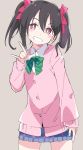  1girl \m/ black_hair blue_skirt bow bowtie cardigan clenched_teeth green_neckwear grey_background hair_ribbon ixy long_sleeves looking_at_viewer love_live! love_live!_school_idol_project otonokizaka_school_uniform pink_cardigan pink_eyes pink_ribbon plaid plaid_skirt ribbon school_uniform short_hair simple_background skirt smile solo striped striped_neckwear teeth twintails yazawa_nico 