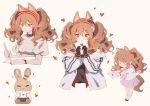  1girl angelina_(arknights) animal_ears arknights black_gloves blush brown_hair covering_mouth gloves hairband heart highres long_hair love_letter lyra-kotto orange_eyes rabbit red_nails school_uniform smile tail twintails writing 