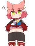 1girl 7th_dragon 7th_dragon_(series) ? animal_ear_fluff animal_ears bangs belt belt_buckle bike_shorts black_shorts blue_jacket blush buckle cat_ears closed_mouth eyebrows_visible_through_hair gloves green_eyes hair_between_eyes hair_bobbles hair_ornament harukara_(7th_dragon) highres jacket jacket_lift lifted_by_self long_sleeves naga_u navel one_side_up pink_hair red_gloves short_shorts shorts simple_background solo standing stomach striped striped_legwear thigh-highs white_background white_belt 