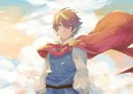  1boy belt blue_eyes blue_tunic brown_eyes brown_hair butz_klauser cape clouds cloudy_sky final_fantasy final_fantasy_v hair_between_eyes leaf leaves_in_wind looking_at_viewer pudding_1106 red_cape sky solo translation_request wind wind_lift 