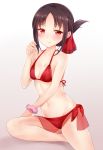  1girl alternate_costume bangs bare_shoulders bikini black_hair blush breasts collarbone commentary_request eyebrows_visible_through_hair folded_ponytail foot_out_of_frame hair_ribbon kaguya-sama_wa_kokurasetai_~tensai-tachi_no_renai_zunousen~ looking_at_viewer medium_breasts navel nikoo parted_bangs pink_scrunchie red_bikini red_eyes red_ribbon ribbon sarong scrunchie see-through shinomiya_kaguya short_hair side-tie_bikini sidelocks simple_background solo stomach string_bikini swimsuit wavy_mouth white_background wrist_scrunchie 