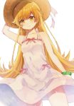  1girl absurdres blonde_hair closed_mouth collarbone commentary_request dress eyebrows_visible_through_hair hand_up hat highres long_hair looking_at_viewer mocha_(makoume) monogatari_(series) oshino_shinobu simple_background solo straw_hat thighs white_background white_dress yellow_eyes 