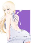  1girl backless_dress backless_outfit bangs bare_back bare_shoulders blonde_hair blue_eyes blunt_bangs breasts drawstring dress eyebrows_visible_through_hair from_behind grey_sweater highres katou_asuka light_blush long_hair looking_at_viewer looking_back medium_breasts meme_attire mochamillll naked_sweater purple_background raised_eyebrow ribbed_sweater sleeveless sleeveless_turtleneck solo standing sweater sweater_dress tongue tongue_out turtleneck turtleneck_sweater two-tone_background virgin_killer_sweater watashi_ga_motenai_no_wa_dou_kangaetemo_omaera_ga_warui! white_background 