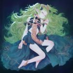  1girl bare_shoulders barefoot black_dress closed_eyes closed_mouth commentary dress english_commentary facing_viewer fire_emblem fire_emblem:_three_houses flat_chest full_body green_hair hair_ornament hair_spread_out hand_up highres long_dress lying on_back pointy_ears pumpkinspicelatte signature sleeping solo sothis_(fire_emblem) tassel two_side_up wristband 