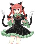 1girl animal_ears bangs black_bow black_dress bow braid cat_ears cat_tail chups dress extra_ears eyebrows_visible_through_hair fang frilled_dress frilled_sleeves frills green_frills highres kaenbyou_rin long_sleeves looking_at_viewer multiple_tails open_mouth red_eyes red_nails red_neckwear redhead short_hair simple_background smile solo tail touhou twin_braids two_tails white_background 