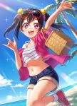  1girl :d \m/ arm_up basket beach black_hair blue_shorts blush commentary_request day double_\m/ eyewear_on_head glint hair_ornament hair_scrunchie highres horizon jacket leg_up light_rays looking_at_viewer love_live! love_live!_school_idol_project midriff navel ocean_bottom off_shoulder open_clothes open_jacket open_mouth outdoors palm_tree pink_footwear pink_jacket red-framed_eyewear scrunchie short_shorts short_sleeves shorts sidelocks single_bare_shoulder smile solo standing standing_on_one_leg stomach striped sunbeam sunglasses sunlight tareme tree twintails upper_teeth violet_eyes wedo yazawa_nico zipper_pull_tab 