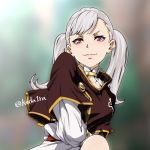  1girl black_clover breasts capelet choker closed_mouth collarbone koda1ra long_hair long_sleeves looking_at_viewer medium_breasts noelle_silva silver_hair simple_background smile solo solo_focus twintails twitter_username violet_eyes 