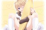  1boy blonde_hair blue_eyes daisuke_(9156281) detached_sleeves highres kagamine_len male_focus one_eye_closed sailor_collar shorts smile socks solo stuffed_banana vocaloid white_legwear 