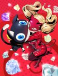  1girl absurdres ass blonde_hair blue_eyes blush boots cat_mask diamond_(gemstone) fake_tail heart heart_background highres hug kiss mask morgana_(persona_5) persona persona_5 red_background scarf sparkle starry_background tail takamaki_anne thicc_line thigh-highs thigh_boots twintails 