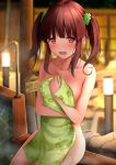  1girl bangs blunt_bangs blush brown_eyes brown_hair clover clover_hair_ornament collarbone covering embarrassed four-leaf_clover four-leaf_clover_hair_ornament green_towel hair_ornament highres holding holding_towel idolmaster idolmaster_cinderella_girls karu_(qqqtyann) long_hair looking_at_viewer naked_towel nude_cover ogata_chieri onsen open_mouth solo towel twintails 