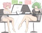  2girls ahoge at_computer barefoot breasts commentary computer crossed_legs crossover curly_hair doki_doki_literature_club english_commentary english_text flipped_hair frown green_eyes green_hair highres jitome long_legs loose_clothes multiple_girls natsuki_(doki_doki_literature_club) one-punch_man pink_eyes pink_hair rakeem_garcia-cueto shirt sitting small_breasts speech_bubble t-shirt tatsumaki two_side_up 